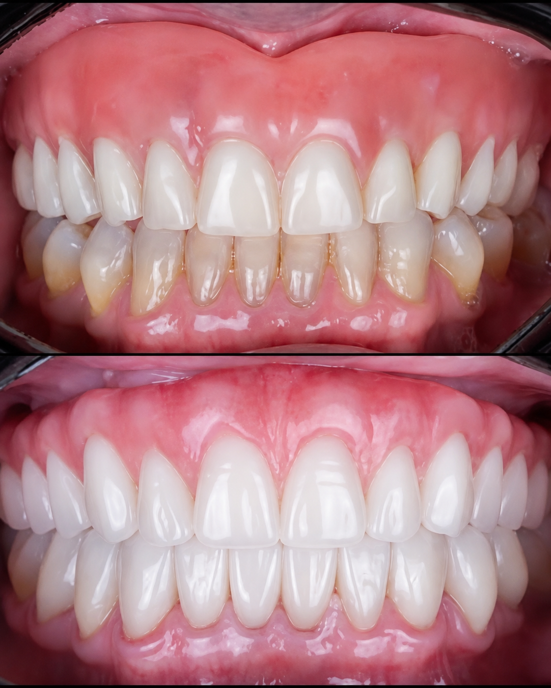 Antes e depois de reabilitação total superior e inferior